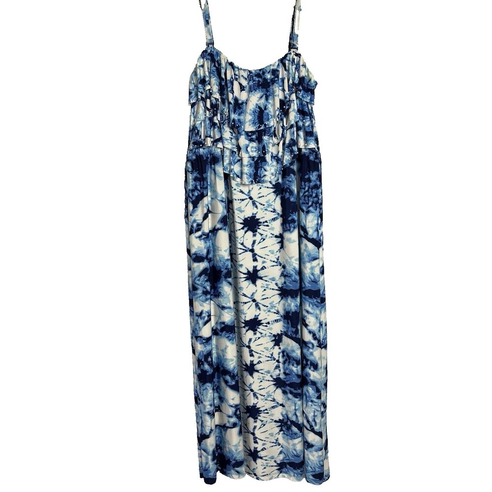 Style & Co. Plus 2X Blue White Tie Dye Maxi Long Dress 3 Tier Ruffle/Beaded Top
